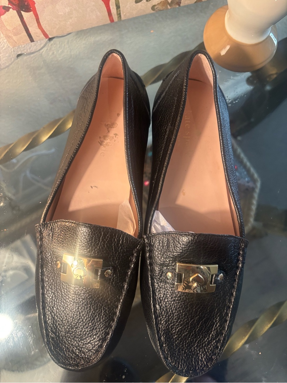 kate spade Black Leather Loafers with Gold Plaque Accent - Picture 3 of 7